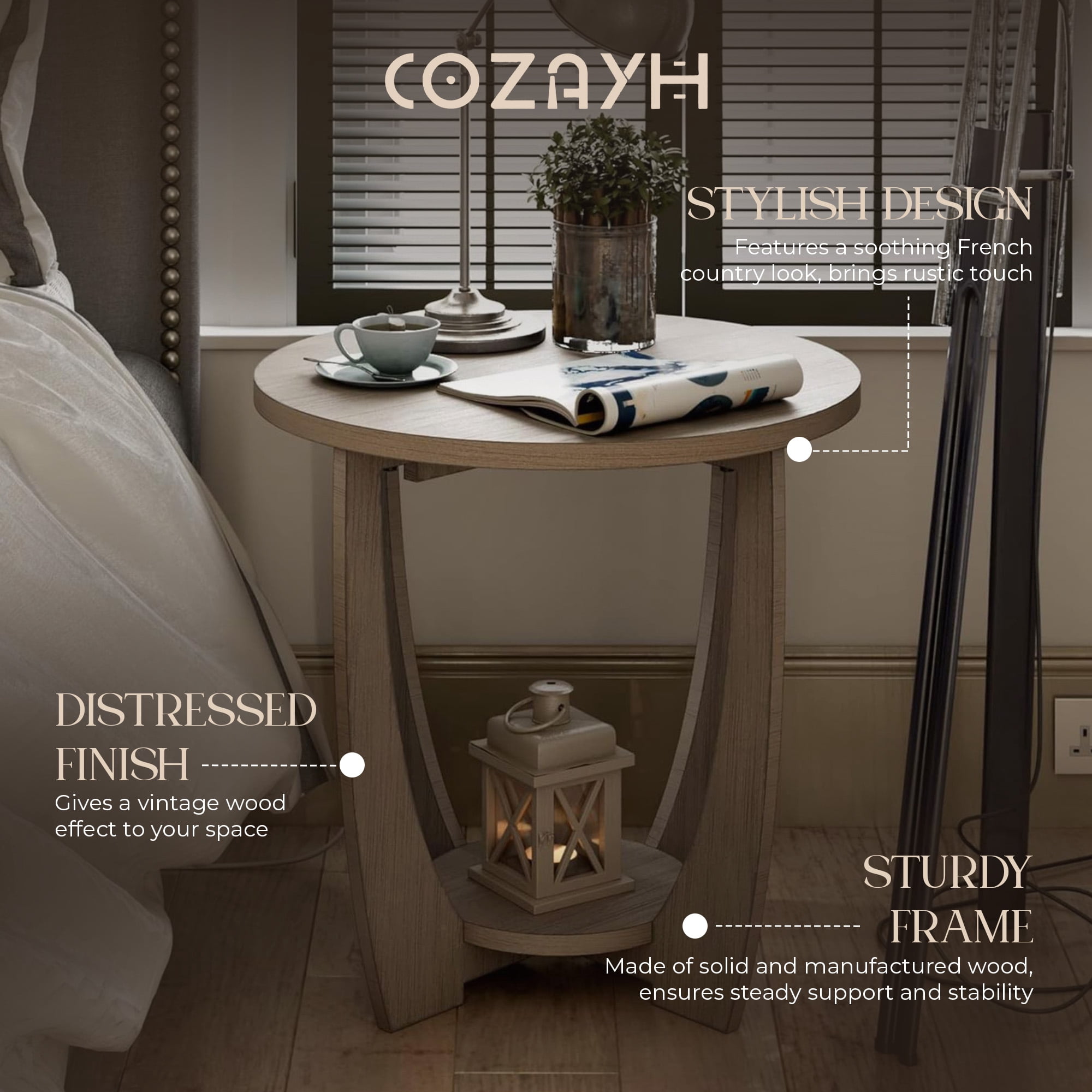 COZAYH Rustic Farmhouse End Table with Storage Shelf, French Country Accent Side Table for Family, Dinning or Living Room, Small Spaces, Modern, Round, Vintage Grey Finish