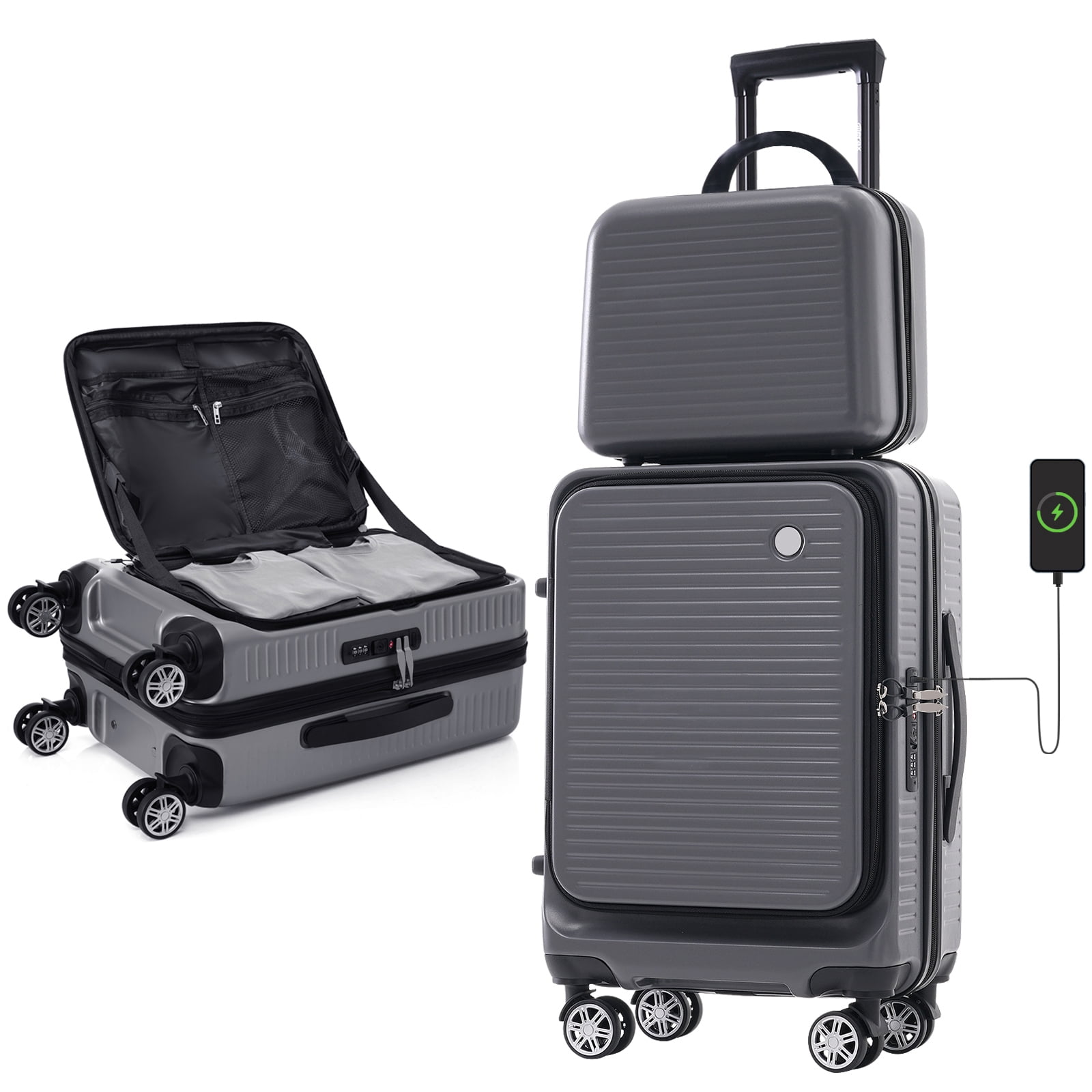 EUROCO Carry On Luggage 22x14x9 Airline Approved, Front Open Suitcase with 1 Portable Carrying Case and USB Port (Gray, 20 Inch, 40L)