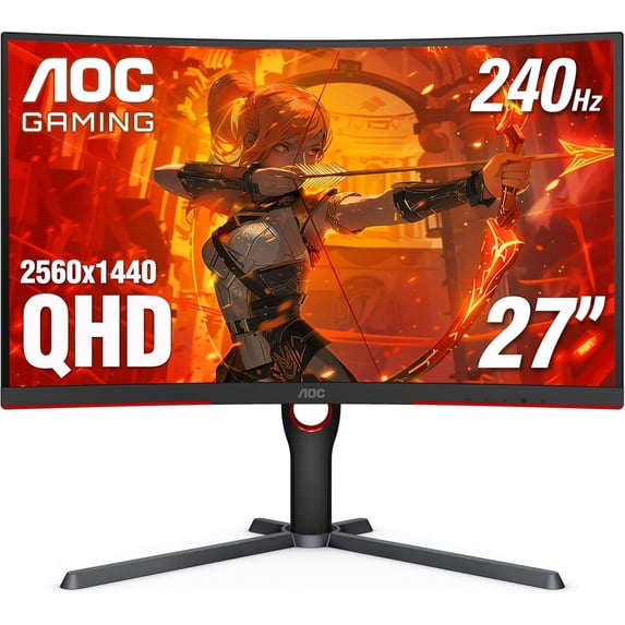 Restored AOC CQ27G3Z 27" Curved Gaming Monitor, QHD 2K 2560x1440, 1000R VA, 240Hz 0.5ms, FreeSync Premium, Height Adjustable Stand, Xbox PS5 Switch, 3-Year Zero-Bright-Dot,Black