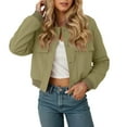 thumbnail image 2 of HOWPAY Bomber Jackets for Women Short Cropped Button down Long Sleeve Coats with Pockets Vintage Solid Color Casual Outerwear Fall Winter Clothes Light Green S, 2 of 4