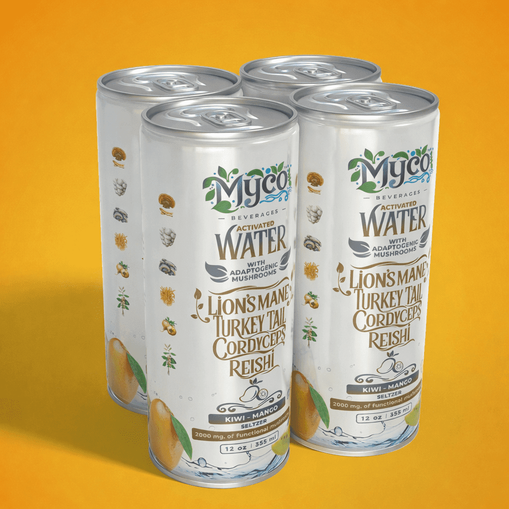 MycoBev Kiwi Mango Sparkling Water, 2000mg Mushroom Blend, 4-pack