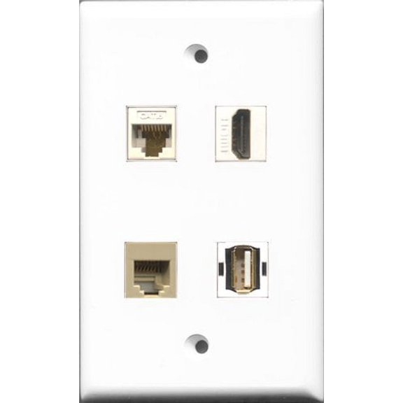 RiteAV 1 Port HDMI and 1 Port USB A-A and 1 Port Phone RJ11 RJ12 Beige and 1 Port Cat6 Ethernet White Wall Plate