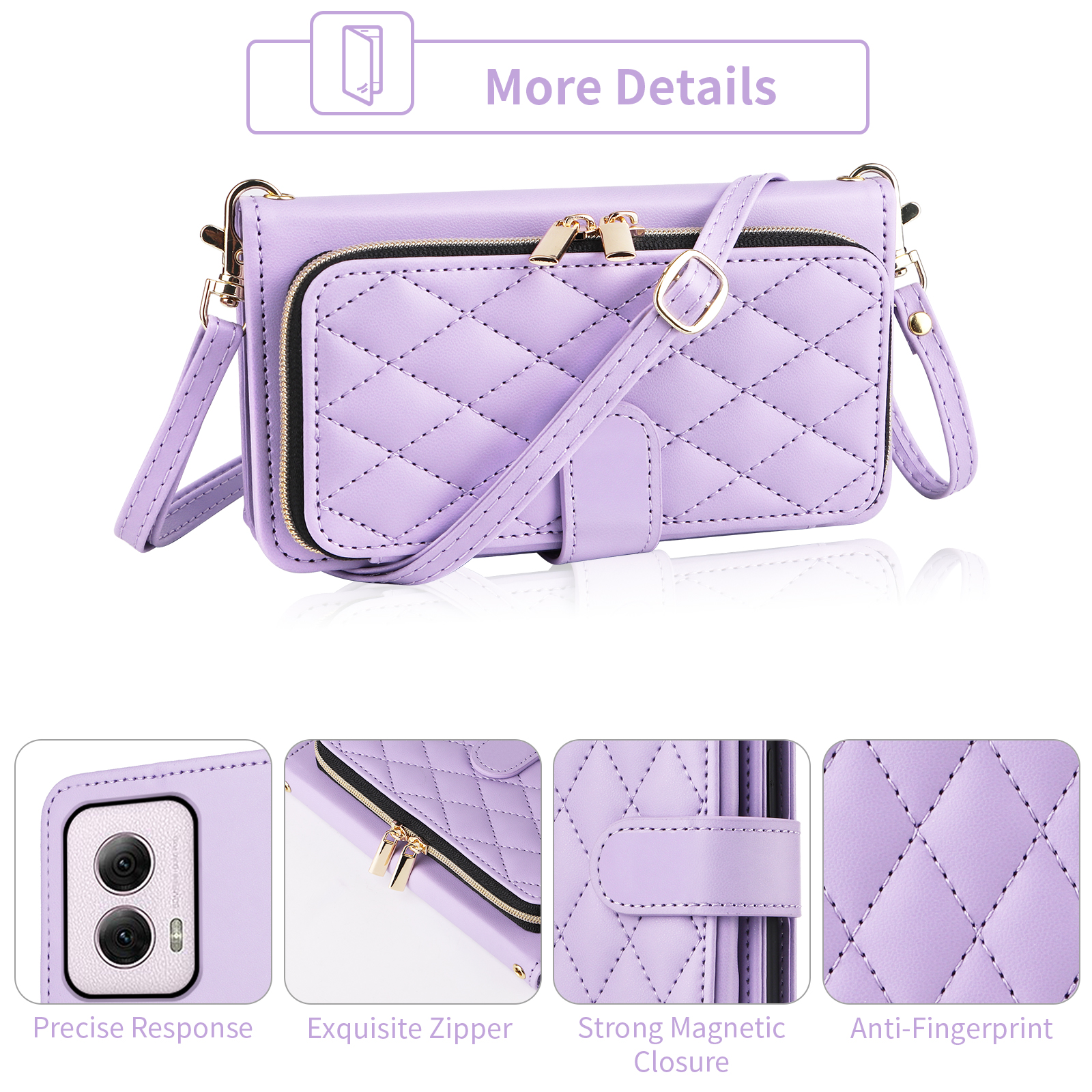 Furiet Argyle Wallet Case for Motorola Moto G Power 5G 2024 with Wrist Strap Shoulder Strap, Card Slot Zipper Purse Luxury PU Leather Stand Checkered Cell Phone Cover for G5 Women Girls Purple