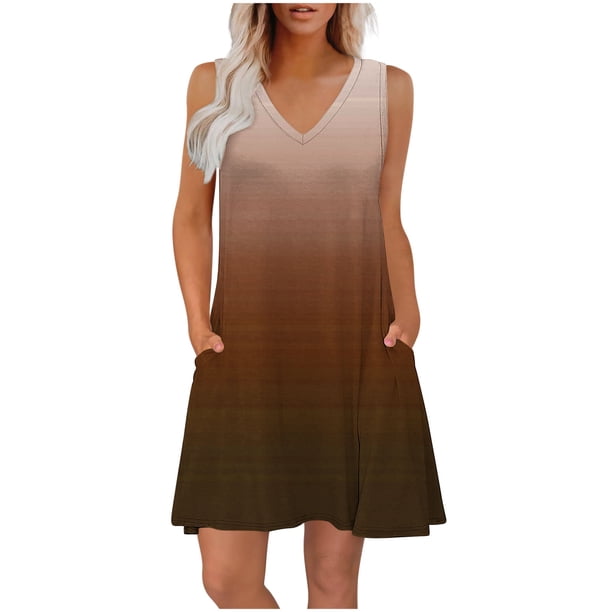 Vestido Corto para Mujeres Verano sin Mangas Cuello en V, Impresión de Moda con Bolsillos, Poliéster de Algodón Casual