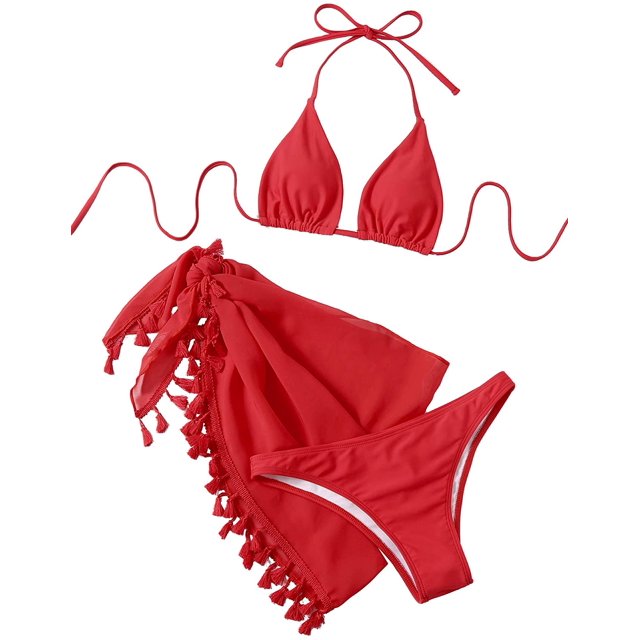 Women's 3 Piece Bathing Suit Triangle Bikini Swimsuit Set with Cover Up Skirt