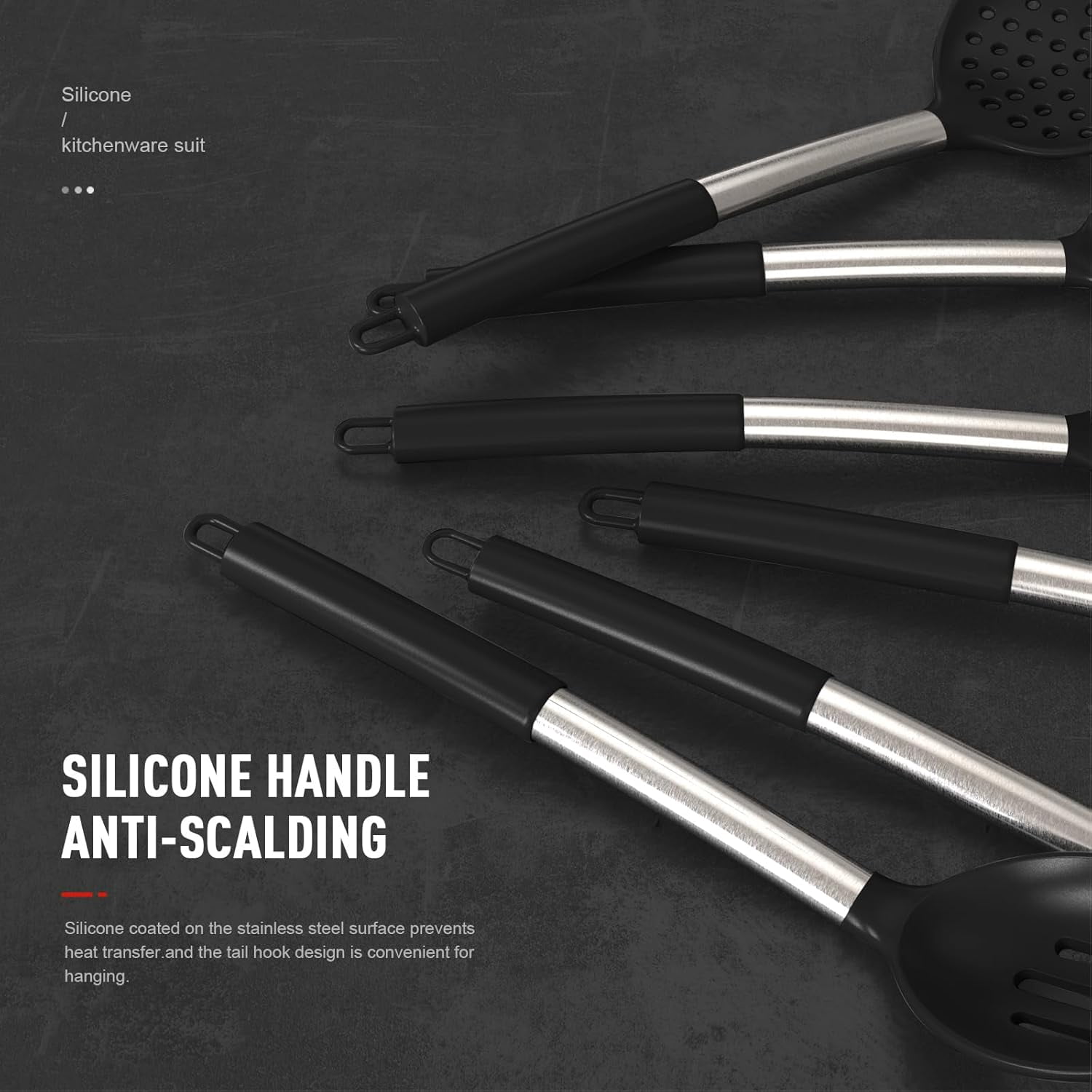 Large Silicone Cooking Utensils Set - Heat Resistant Kitchen Utensils Sets,Spatula,Spoon,Turner Tongs,Brush,Whisk,Stainless Steel Silicone Cooking Utensil for Nonstick Cookware Dishwasher Safe (Black