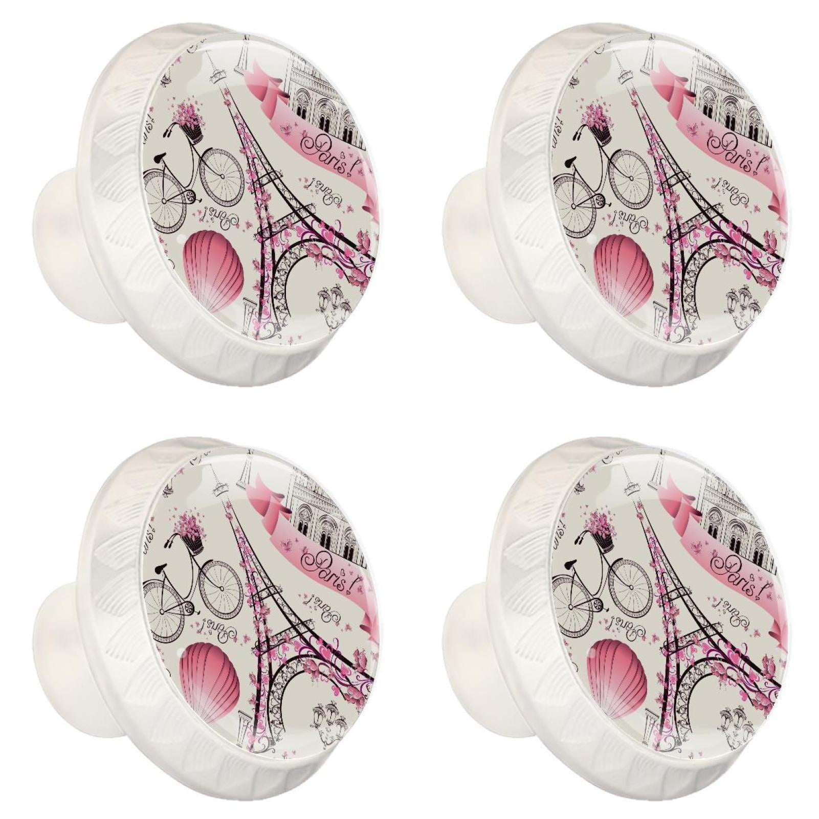 4 Pcs Pink Paris Tower Knobs for Kitchen Cabinet Cupboard Dresser Bookcase Drawer Pulls Handles Round Home Decor