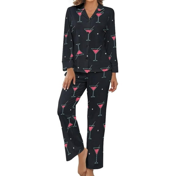 Top-kevin Pajama Sets for Womens Cocktail Glasses Stars Loose Button Down Long Sleeve Shirts And Pants Set