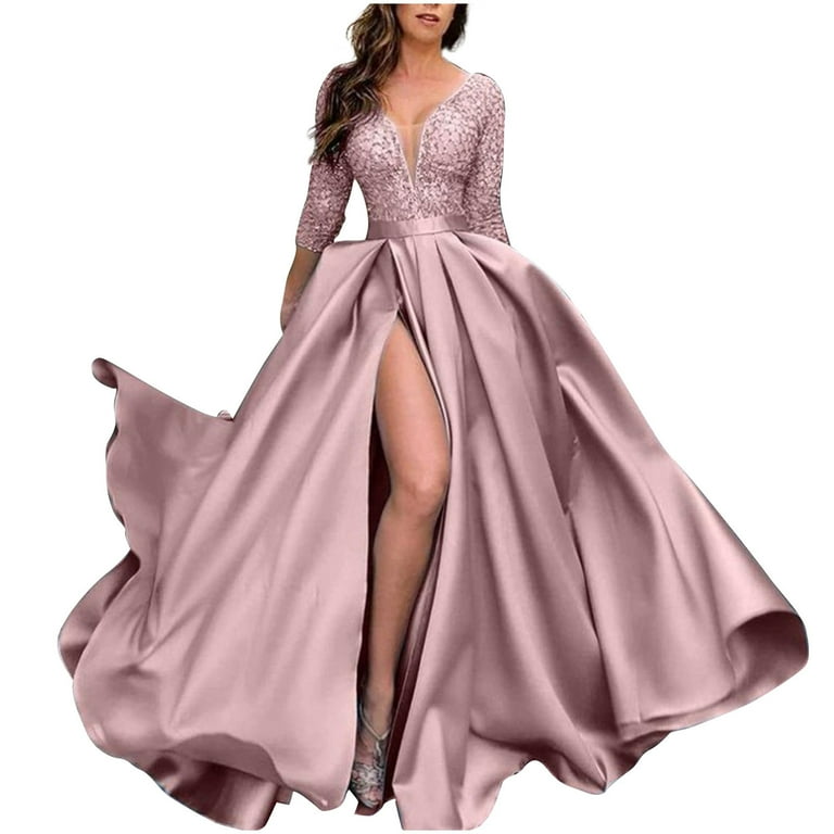 AGWOLF Prom Dresses for Women Bodycon Smocked Waist Side Slit Flowy Swing  Maxi Dress Fashion Lace Embroidery Long Sleeve V Neck Long Dress Wedding  Dresses S-5XL - Walmart.com