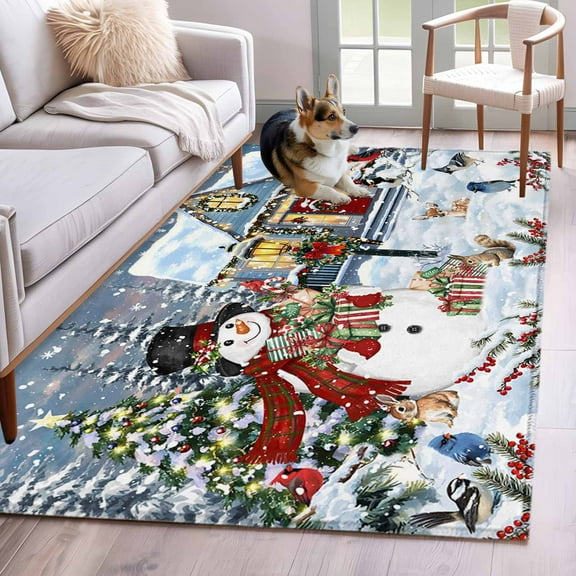 Snowman Christmas Area Rug 3x5 Washable Rug Non Slip Xmas Tree Gifts Snowflake Winter Large Area Rug Indoor Floor Carpet for Entryway Bedroom Kitchen Living Room Home Office Dining Room Nursery