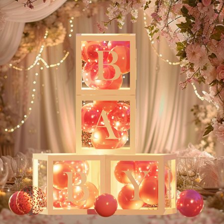 KINNO Baby Girl Balloon Boxes 4pcs Clear Baby Blocks With Letters 4 Pack Led Fairy String Lights And 36pcs Balloons For Princess