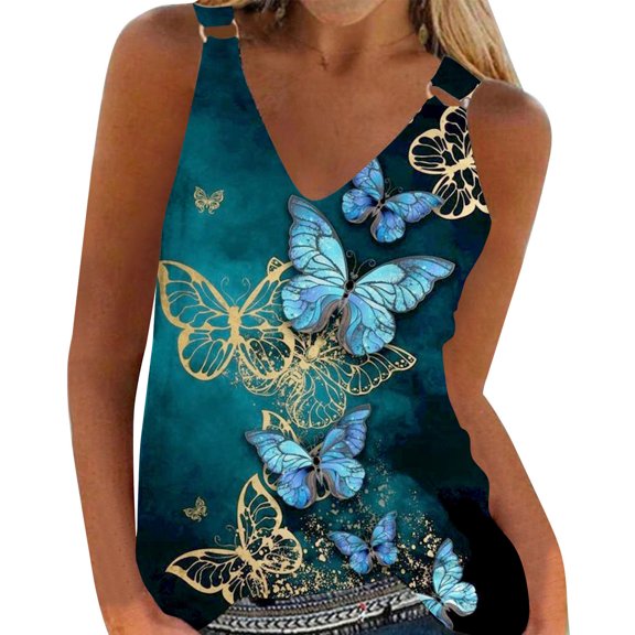 asdoklhq 2023 Summer Fall Womens Tops Clearance under $5 Women Summer Sexy Vest Pullover Blouse V-Neck Short Sleeveless Solid and Printed Tops Tank Navy XXL