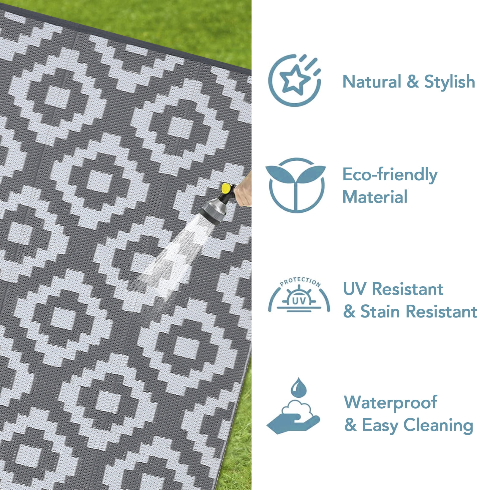 Garvee Waterproof Outdoor Rug 8'x10' Reversible Plastic Patio Rugs, Portable Modern Abstract Indoor Outdoor Carpet for Camping, Balcony, Deck, Backyard, Gray & White, with Storage Bag