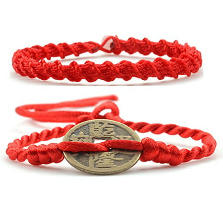 LUOS 2pcs handmade red string feng shui coin bracelet anklet – wealth Goodluck prosperity protection women men kids – st065set