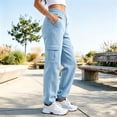 thumbnail image 5 of BRELIL Women Plus Size Cargo Pants Drawstring Loose Long Pants Solid Casual Streetwear Activewear Lounge Travel Outfits, Blue S, 5 of 7