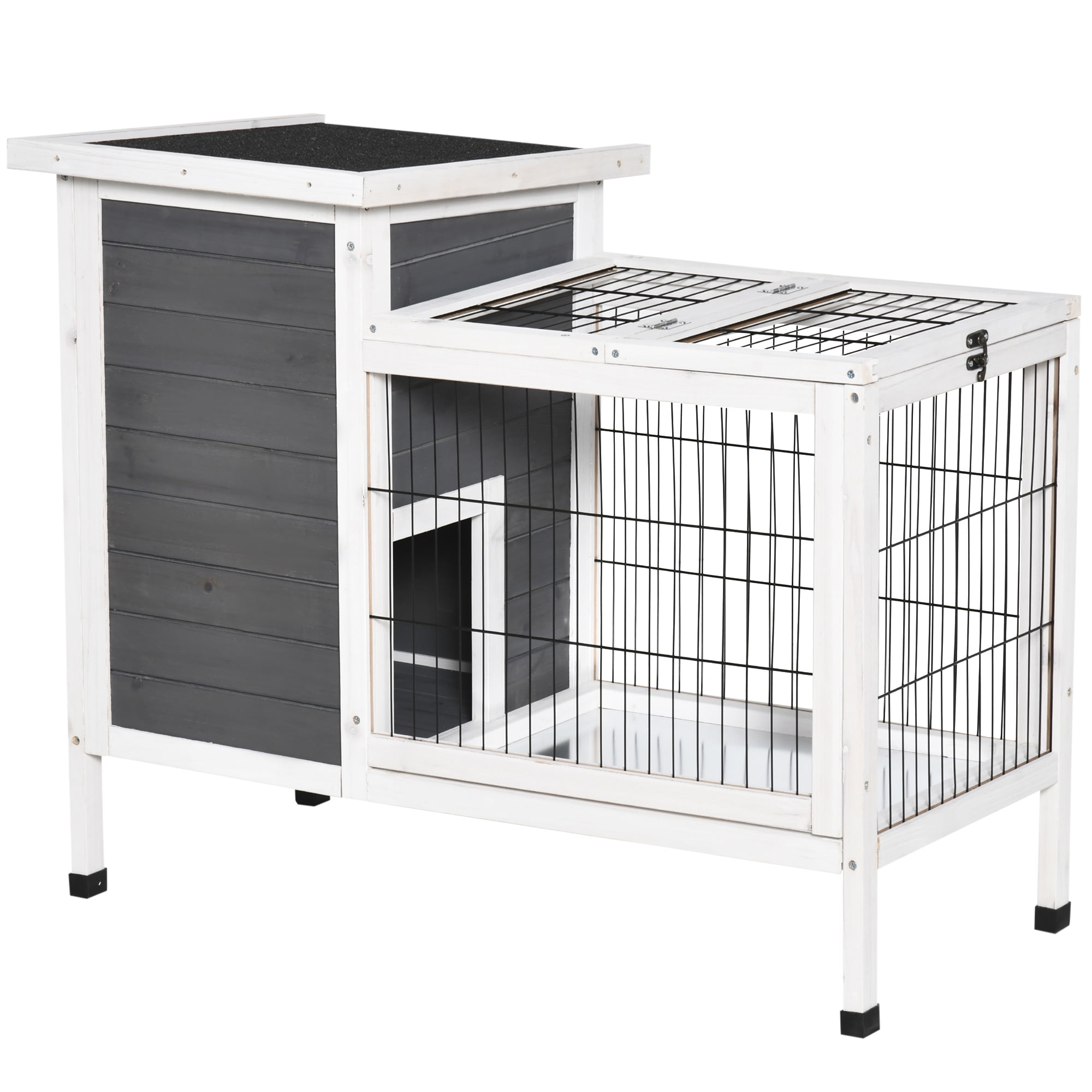 PawHut 36 x22 x30 Wooden Outdoor Small Rabbit Hutch Elevated Bunny Cage with Run Animal House Grey White Walmart