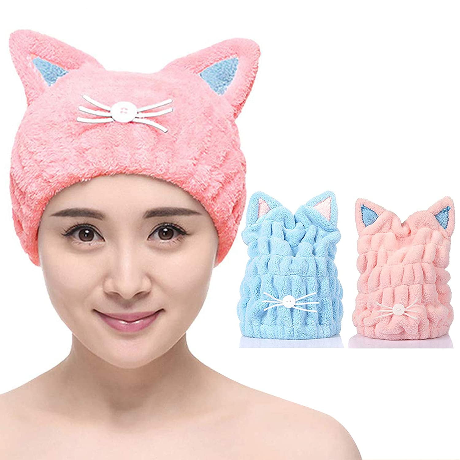 Soft Microfiber Cute Cat Ear Hair Drying Cap Super Absorbent Quick Drying Hair Towel Wrap With Coral Fleece For Womens Girls Ladies Bath Accessories pink