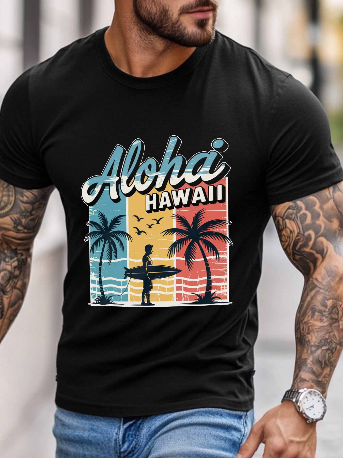 Men's T-Shirt Aloha Hawaii Retro Beach Surfing Vacation Short Sleeve Casual Tee Classic Crew Neck T-Shirt for Men, Black M