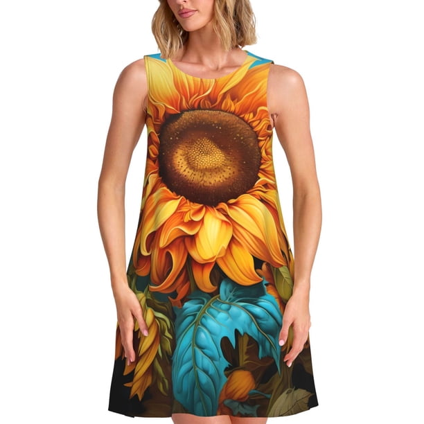 Easygdp Deep Yellow Colorful Sunflower para Vestido Transpirable de Mujer, Vestido Suelto de Manga Corta con Pliegues y Bolsillos para el Verano