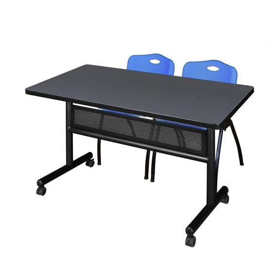 48" x 30" Flip Top Mobile Training Table with Modesty Panel- Grey and 2 "M" Stack Chairs- Blue