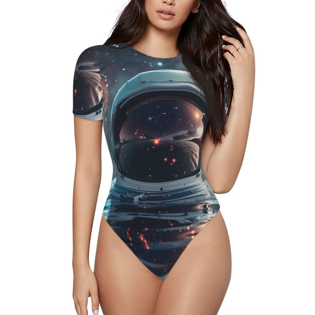Balery Astronaut Helmet Reflections Body de cuello redondo de manga corta para mujer Tops de manga corta Tops básicos-Large