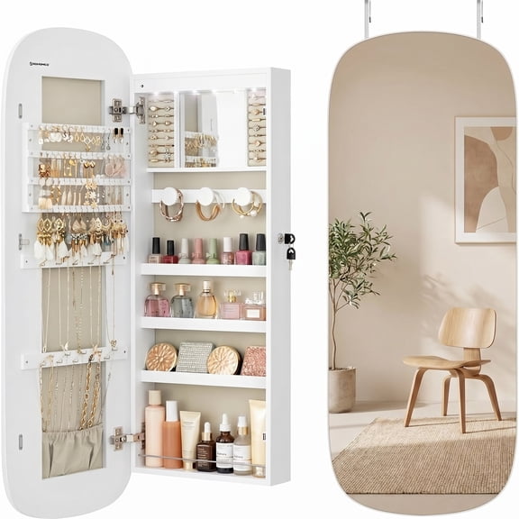 Nordic Hygge LED Wall/Door Mounted Jewelry Cabinet with Lockable Rounded Mirror – White & Greige