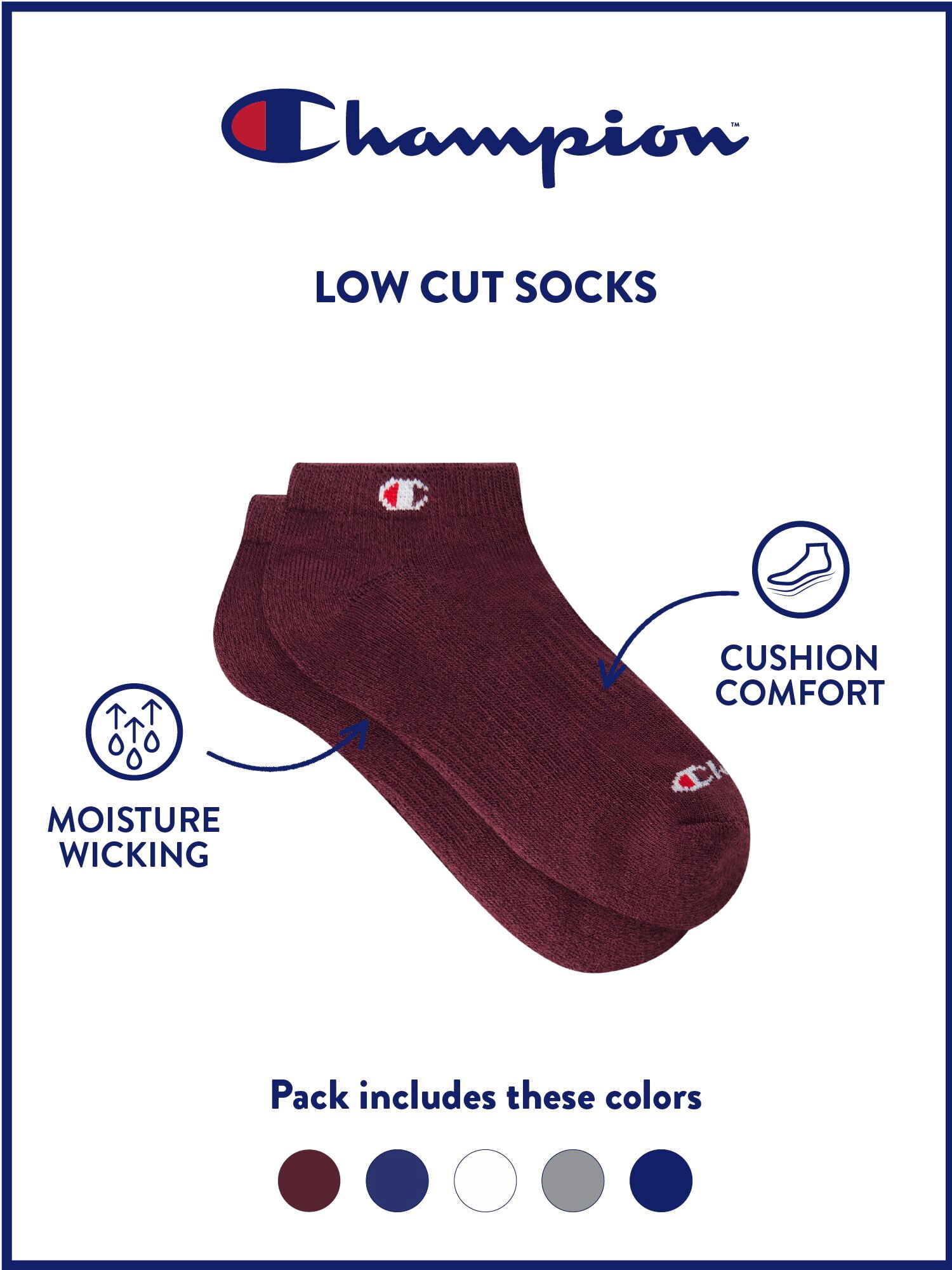 Champion Boys Cushion Performance+ Kid Low Cut Socks, 10 Pack, Sizes S–L