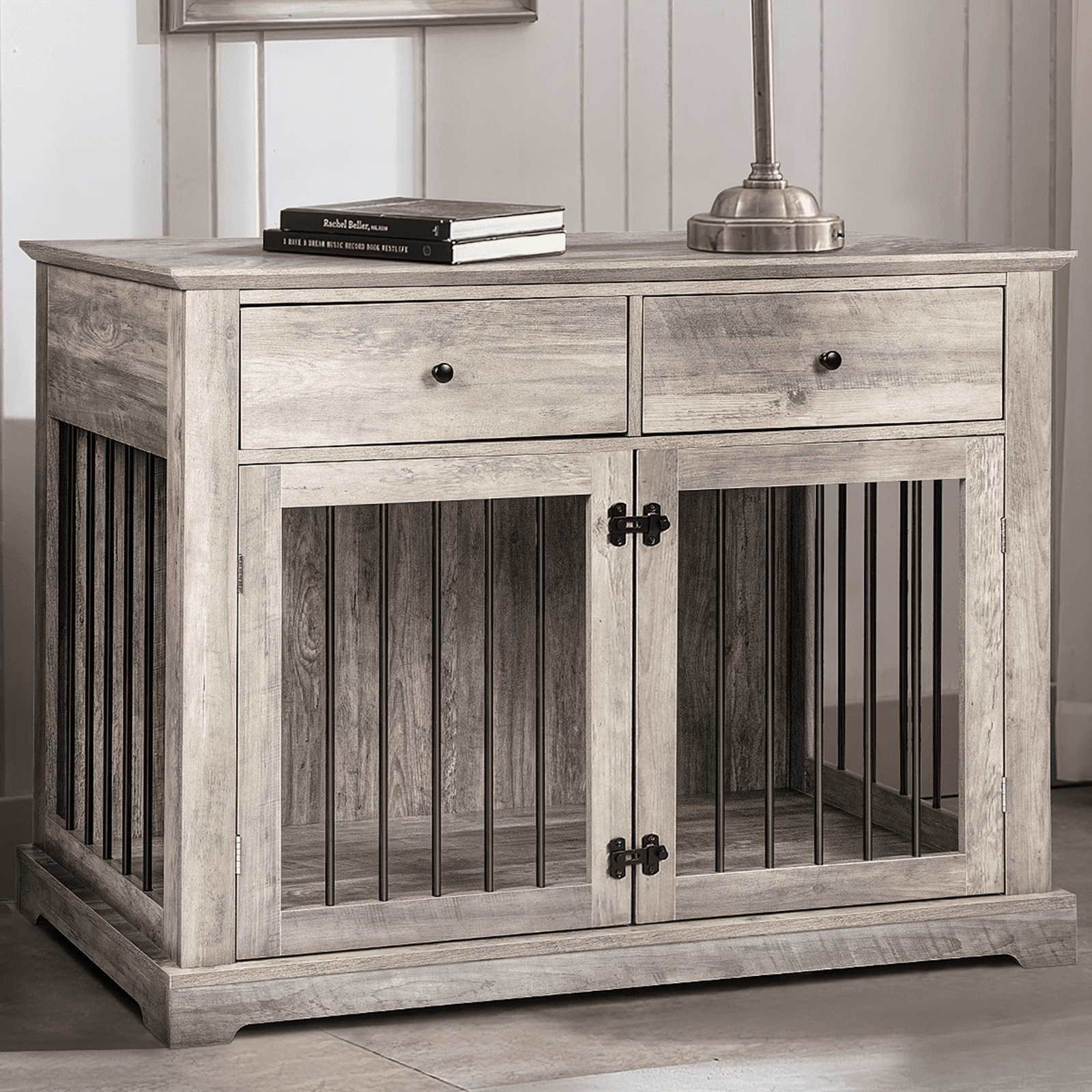 Waleaf 44" Large Dog Crate Kennel Furniture with 2 Storage Drawers for inside, Wooden Pet Cage for Medium Large Dogs