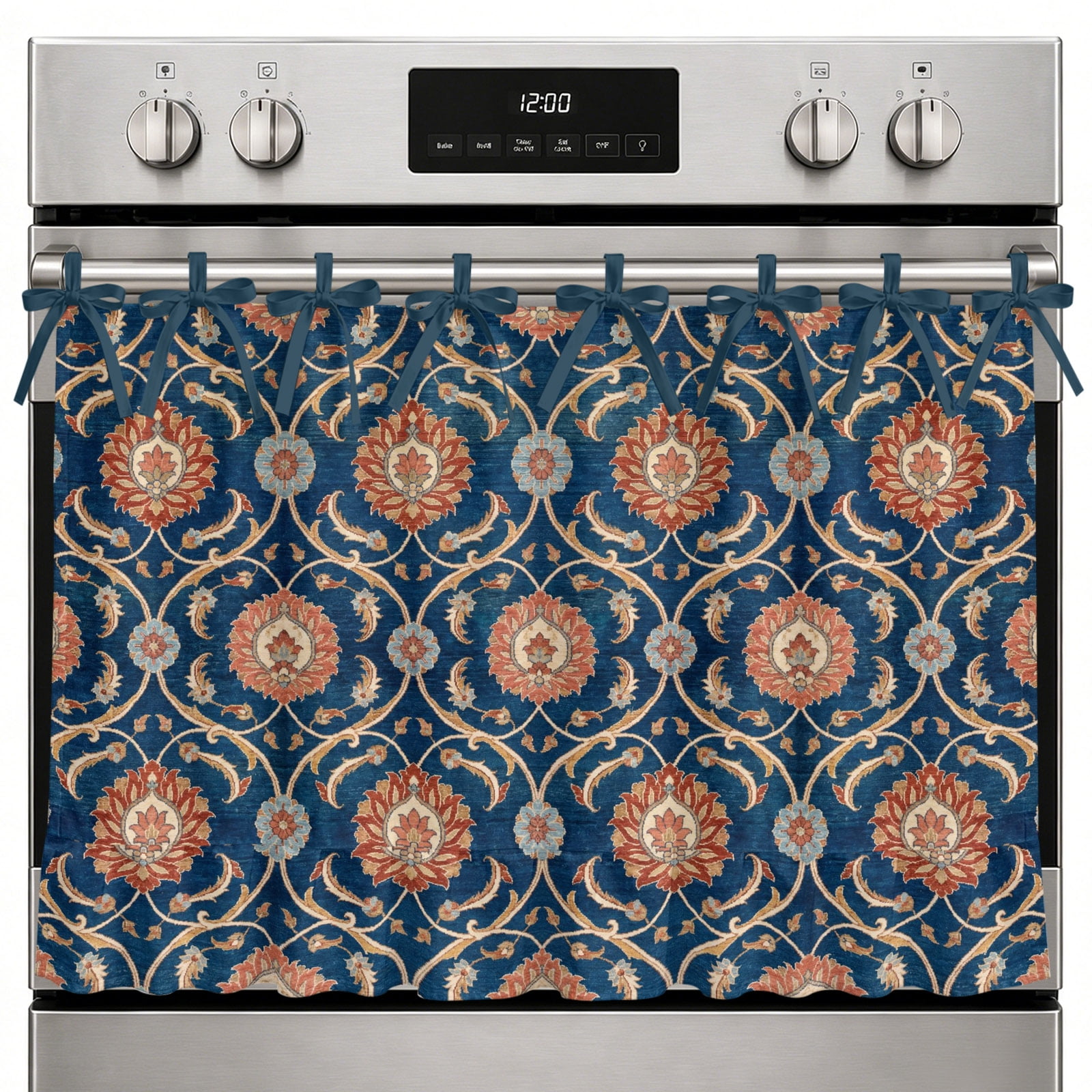 Farmhouse Oven Skirt Curtain Orange Blue Floral Oven Curtain Tie Top Retro Botanical Abstract Vintage Stove Skirt Curtains with Ties&Ruffle Trim Dishwasher Skirts Curtains Cover for Cabinet 30 x21.5