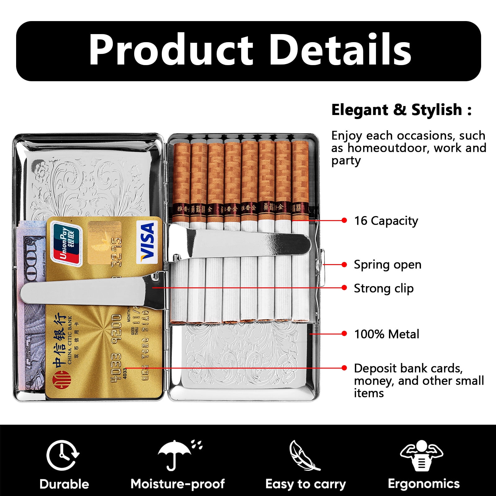Stylish Vintage Metal Ladies and Men's Cigarette Case,Holds 20pcs 120's  Capri Cigarettes (Black)