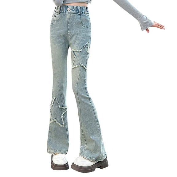 Coerni Girl's Flare Jeans High Waisted Bell Bottom Cute Star Baggy Denim Pants Ripped Pull on Bootcut Teen Straight Wide Leg Clothes