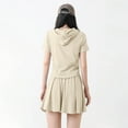 thumbnail image 4 of Jinhomg 2 Piece Outfits for Women Casual Short Sleeve Drawstring Hoodies with Flowy Pleated Shorts 2025 Trendy Teen Girl Going Out Wear Beige M, 4 of 6