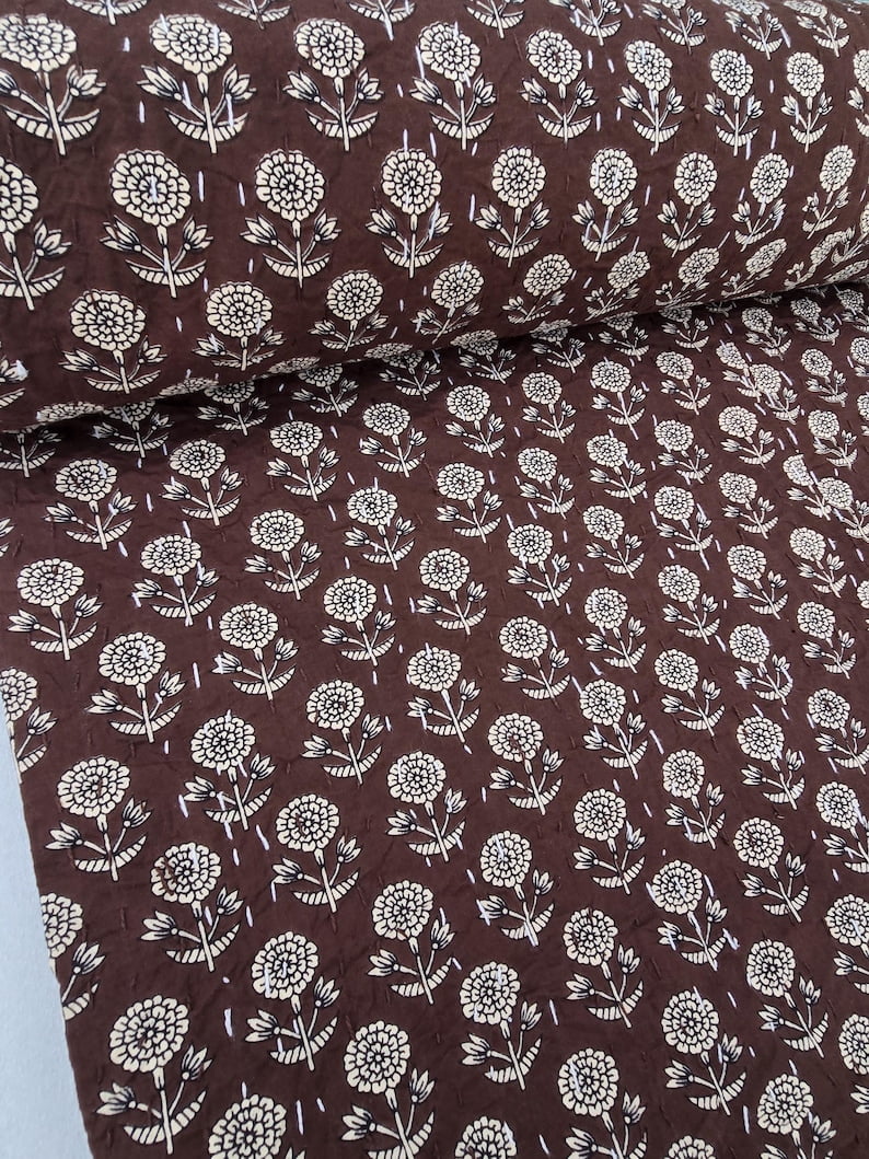 A And E Textiles House Brown Indian Block Print Kantha Quilt - Handmade, Cozy Throw Blanket