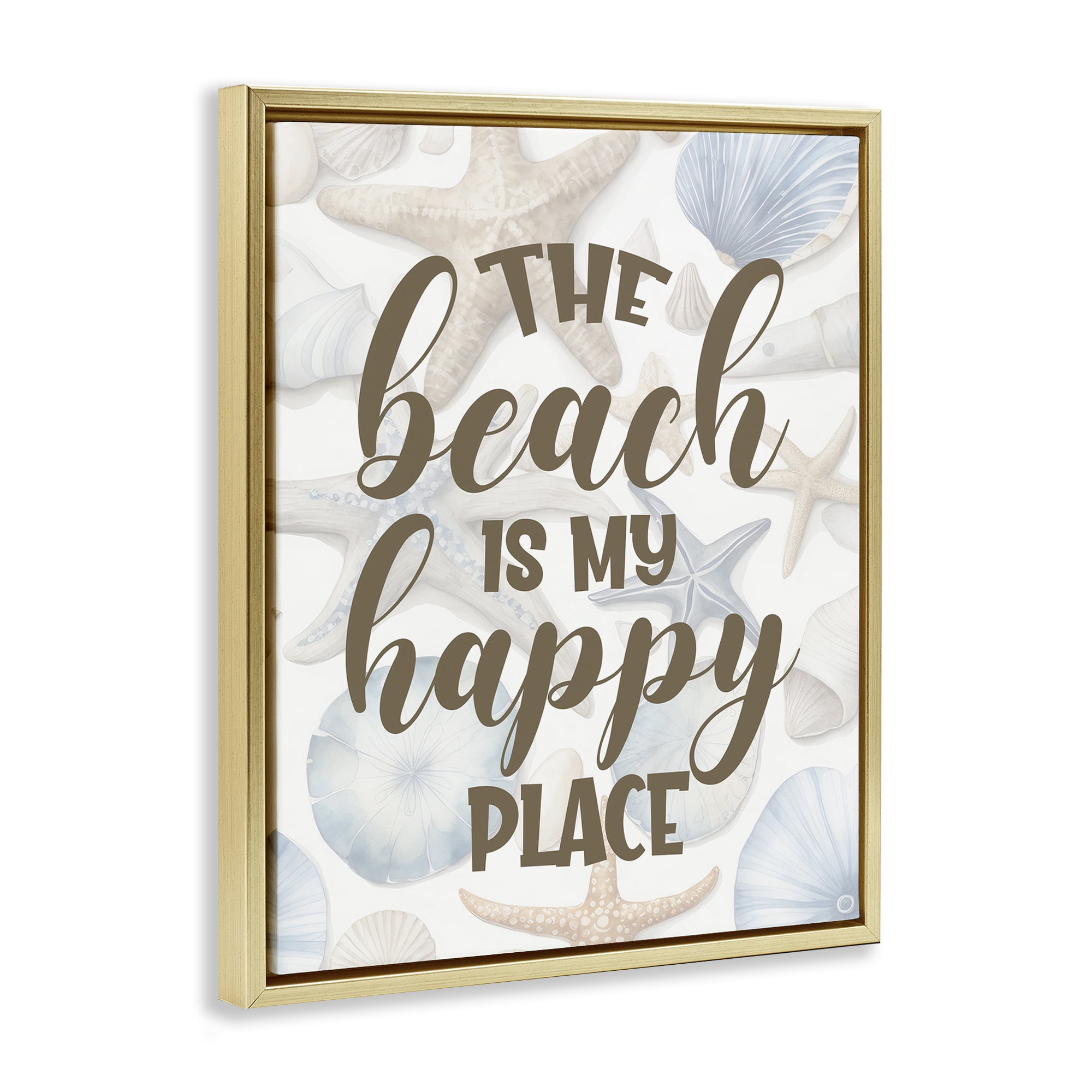 Stupell Industries Beach Happy Place Typography Painting Gold Floater Framed Canvas Art Print Wall Art, 17 x 21