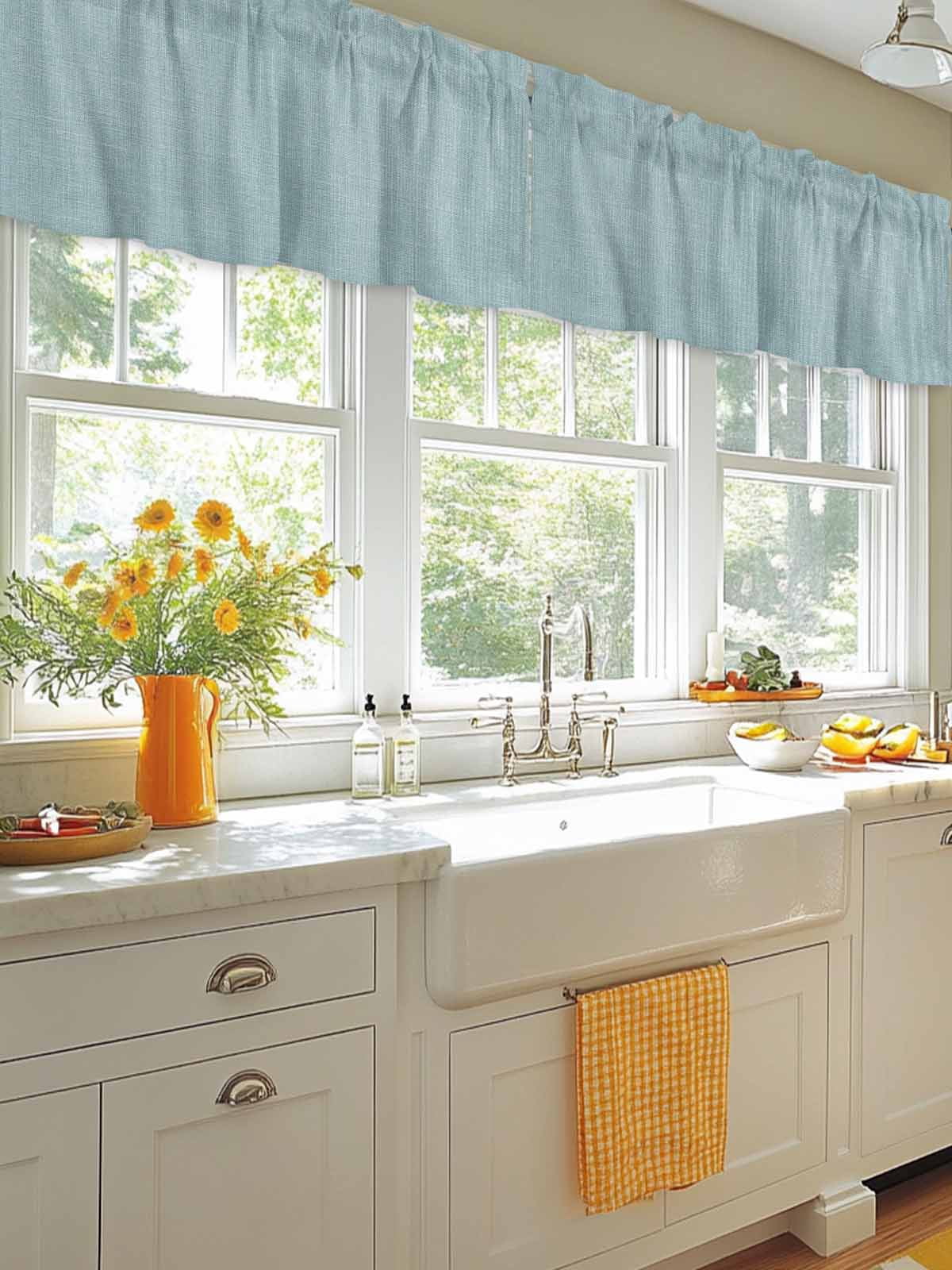 Blue Linen Texture Window Valance, Farmhouse Pure Color 2 Pack Decorative Curtain for Small Windows, Light Filtering Valance with 3” Rod Pocket, 54"W x 18"L