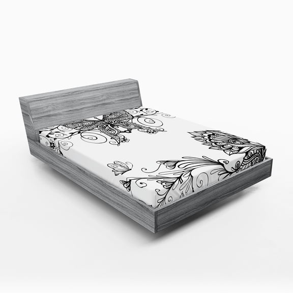 Black and White Fitted Sheet, Butterfly with Floral Mandala Pattern Bohemian Design with Butterfly Wings, Decorative Soft Bedding All-round Elastic Pocket, Queen Size, White Black, by Ambesonne