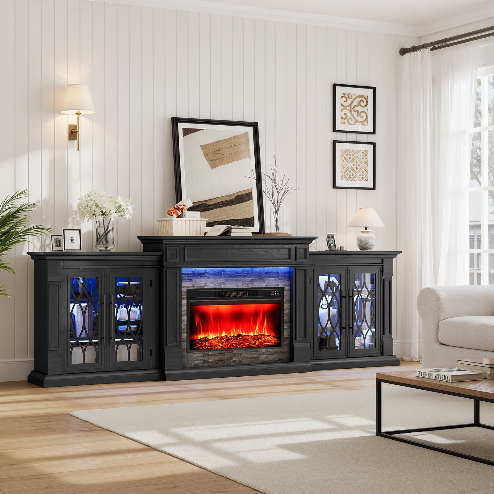 LGHM 104" TV Stand with 30" Electric Fireplace & Charging Station & LED Lights, Large Farmhous Entertainment Center with Storage Cabinet, Media Console for Living Room, Black
