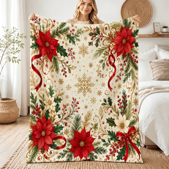 Taplcvy Poinsettia Christmas Border Design Flannel Throw Blanket, 30" x 40"
