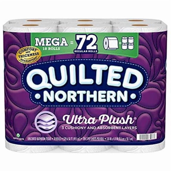 Ultra Plush Toilet Paper, 18 Mega Rolls = 72 Regular Rolls, 3-Ply Bath Tissue