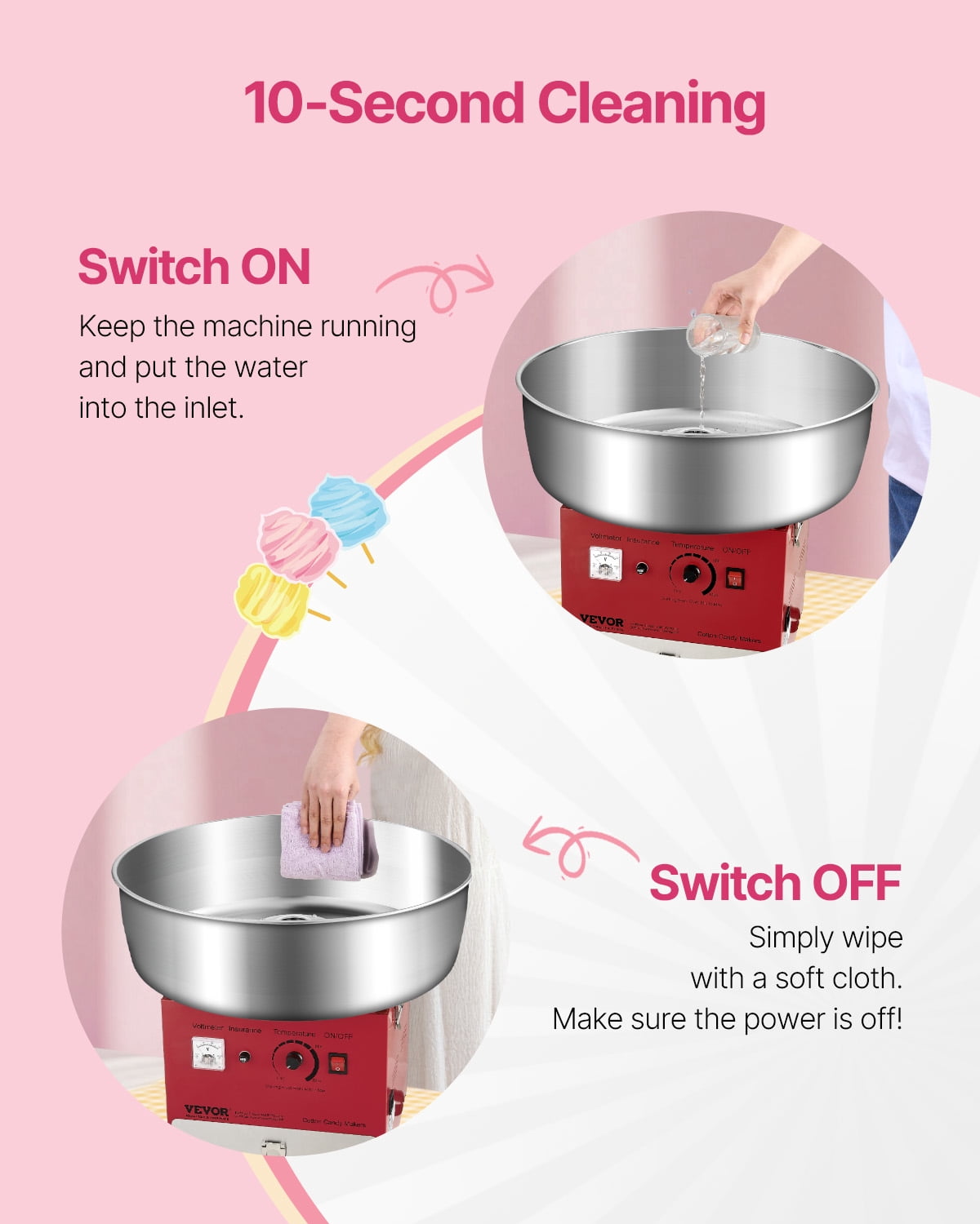 VEVOR Electric Cotton Candy Machine, 1000W Commercial Candy Floss Maker with 20.5 in Stainless Steel Bowl, Sugar Scoop, and Drawer, Easy Home Use, Perfect for Kids Birthday, Family Party, Red
