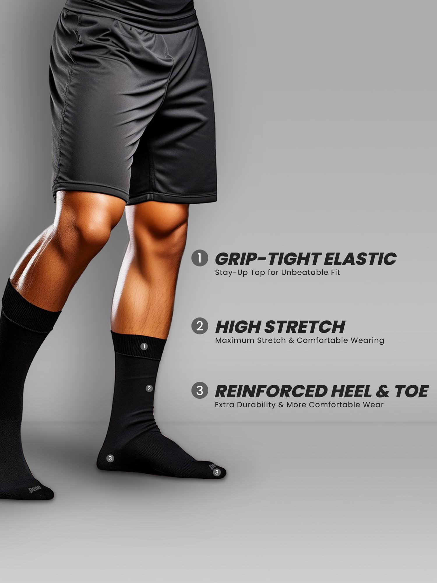Penn Cushioned Crew Socks for Men Breathable Athletic Socks with Moisture-Wicking Quick Dry Fiber, 12 pk, Black