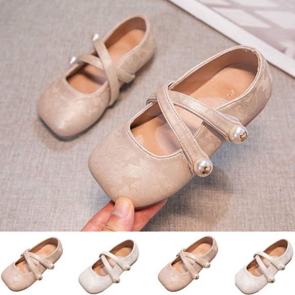 Kids Princess Mary Jane Ballet Flats Square Toe Cross Pearl Strap Dress Shoes Soft Comfort Non Slip Fashion Flat Shoes for Wedding Party Khaki 36