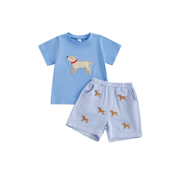 BemeyourBBs Toddler Baby Boy Summer Clothes Baby Boys Summer 2 Piece Outfit 2 3 4 5 6 7 Years Cute Puppy Dog Embroidered Short Sleeve T-shirts Striped Elastic Waist Pockets Shorts Set