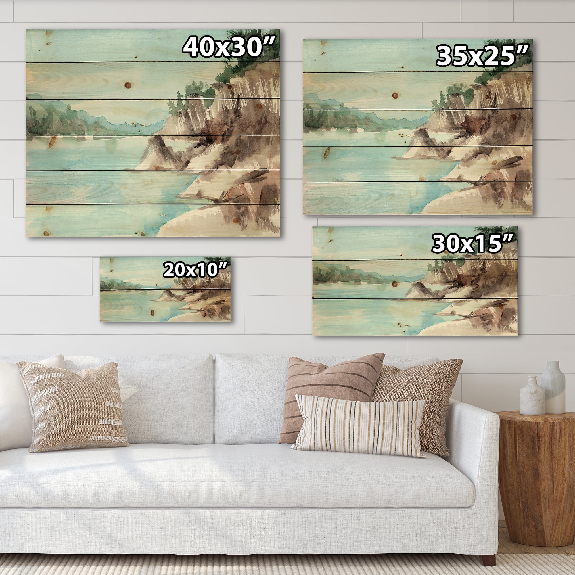 Designart 'Rocks With The Blue Lake' Lake House Print on Natural Pine Wood