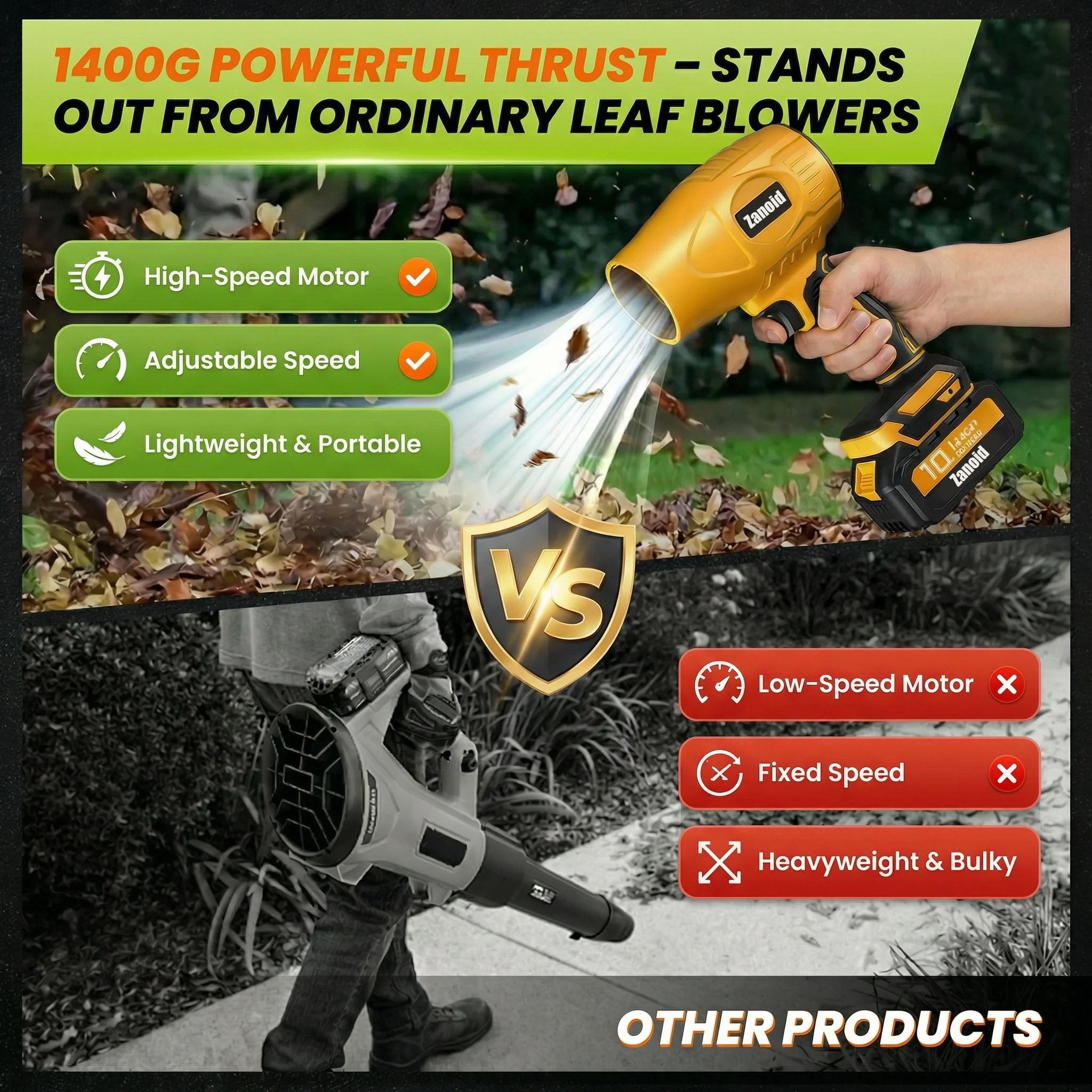 Cordless Turbo Jet Leaf Blower, 1000G High-Thrust Handheld Electric Blower for Yard, Driveway & Car Drying