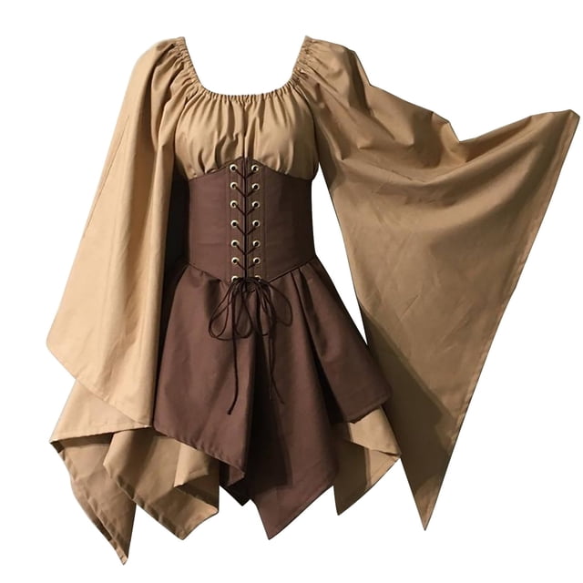 WTXUE Robe à Manches Longues, Robe-Chemise Irlandaise Médiévale à Manches Trompette Vêtements pour Femmes Robe Corset Gothique Rétro, Robe Brune, Brun TG