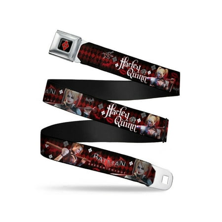 BATMAN ARKHAM KNIGHT Logo HARLEY QUINN Bat Poses Diamonds/Bats/Kisses Black/Reds/White Webbing - Seatbelt Belt (Harley Quinns Best Friend)