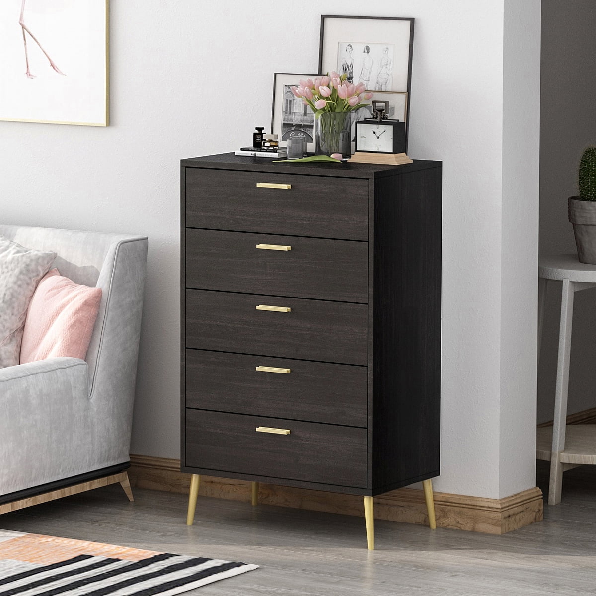 5 Drawer Dresser Closet Tall Chest Clothes Storage Modern Bedroom Cabinet Wood 
