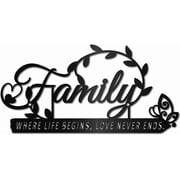 Family Metal Wall Decor Black Wall Art Family Word Sign Letters Quotes Sign Hanging for Home Living Room Bedroom Kitchen Indoor Outdoor Decor Where Life Begins Love Never Ends 11.8x6Inch 1pc