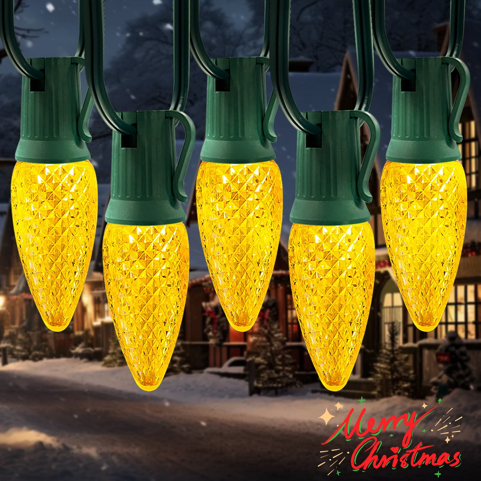 LAMPHOME Yellow C9 Christmas String Light Outdoor, 25FT Shatterproof LED for House Rooflines & Pathways, Connectable Waterproof Vintage Christmas Light for Tree, Yard, Patio, Porch, Garden